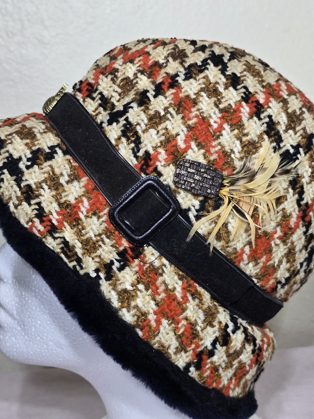 Scala Collezione Tweed Cloche Bucket Hat Medium Wool Blend Cream Brown Rust - Picture 2 of 11